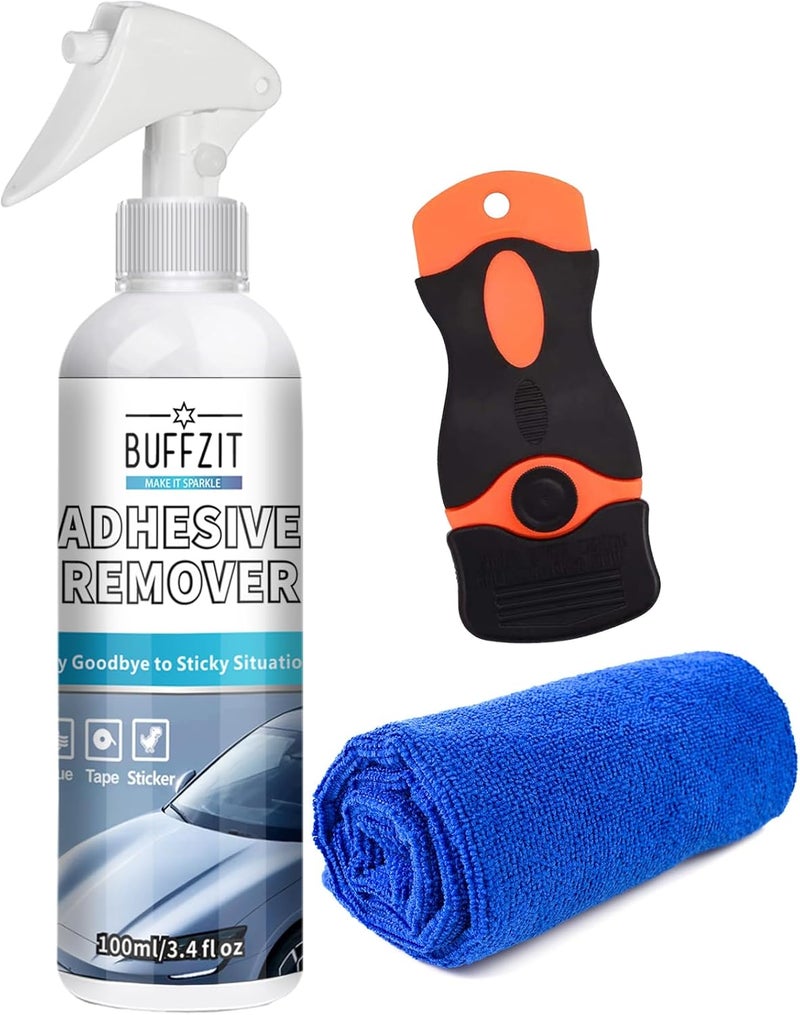 BUFFZIT Store Car Adhesive Remover - Glue Removal Spray for Decals, Stickers, Labels & Tape on Bumper Glass Paint Glue Gone with Plastic Scraper Tool – 100ml/3.4oz - Image 1